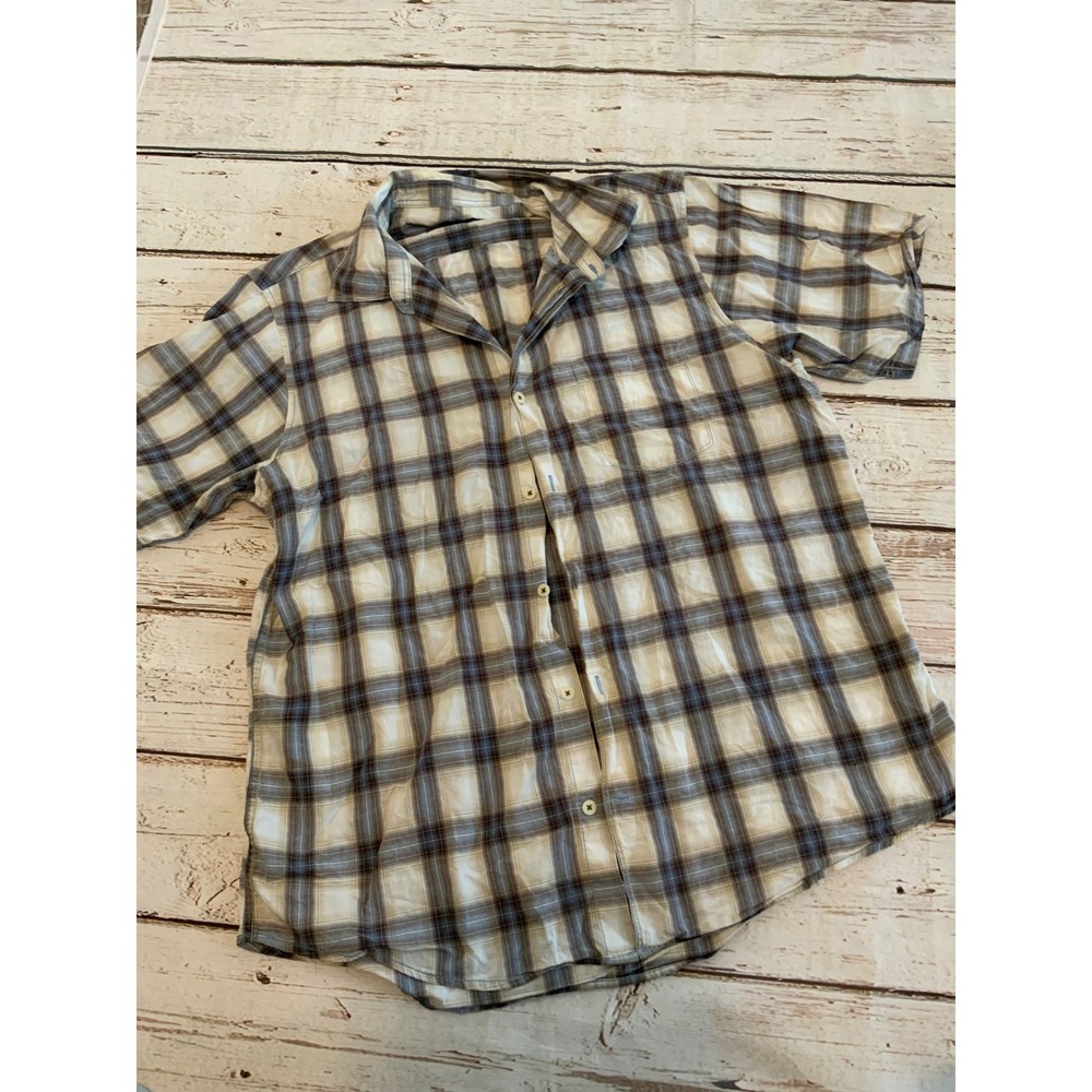 Martin Gordon Boys Large L Short Sleeve Button Down Plaid Shirt Cotton Tan Brown